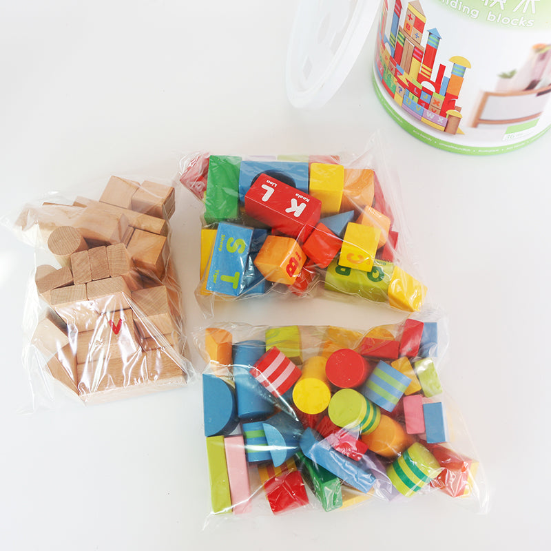 LONGSHENG 100PS building block Solid wooden blocks bucket assembly Block stitching set Wooden toy