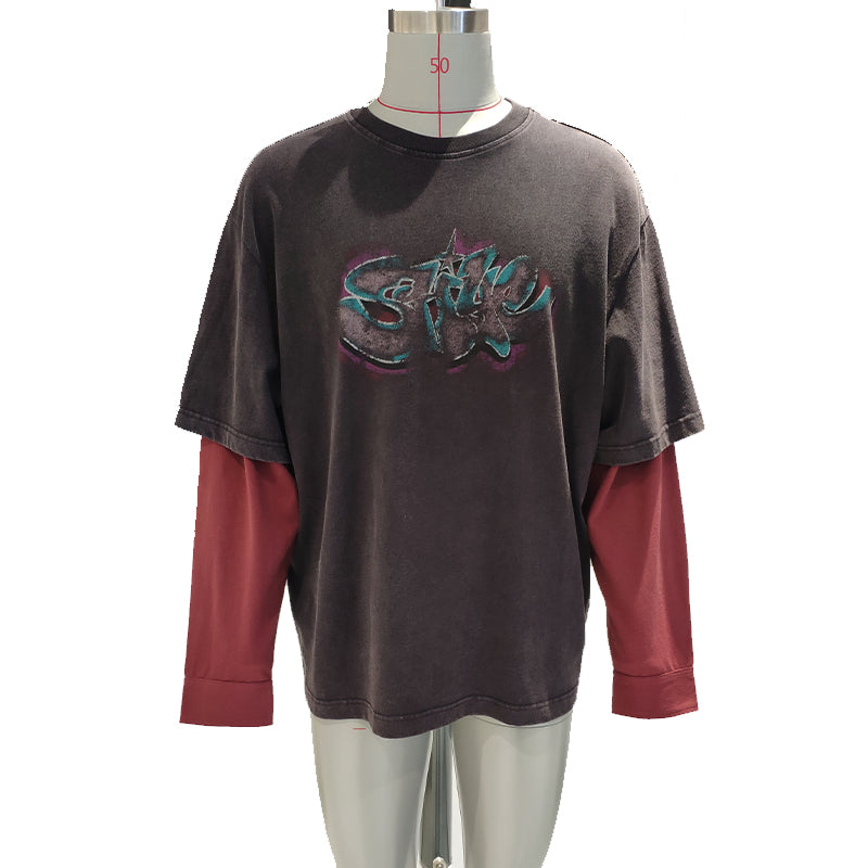 jingdi Men's Cotton Casual T-Shirt-1（500 pieces Starting lot）Fake Two Piece Long Sleeve T-Shirt color blocking lie fallow