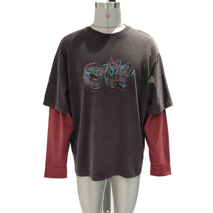 jingdi Men's Cotton Casual T-Shirt-1（500 pieces Starting lot）Fake Two Piece Long Sleeve T-Shirt color blocking lie fallow