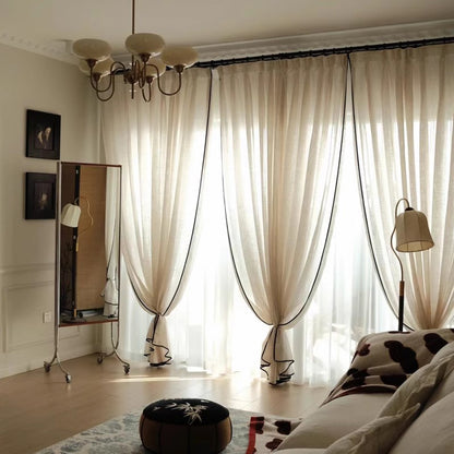 jiangmei Curtains Linen yarn + black trim （Fixed height 2.7m）Curtains gauze curtains sunshade of floating window French Slouchy Vintage