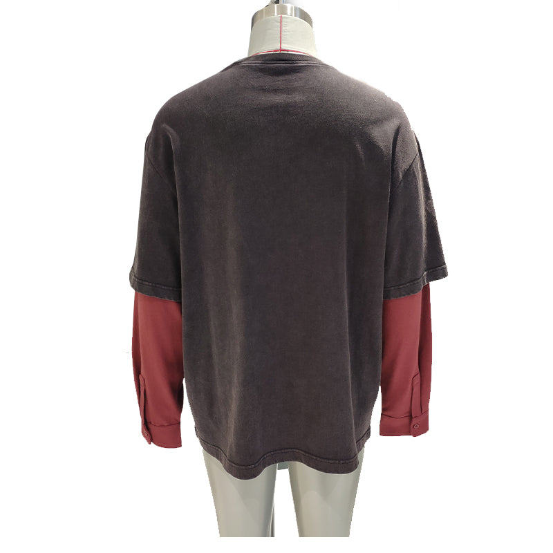 jingdi Men's Cotton Casual T-Shirt-1（500 pieces Starting lot）Fake Two Piece Long Sleeve T-Shirt color blocking lie fallow