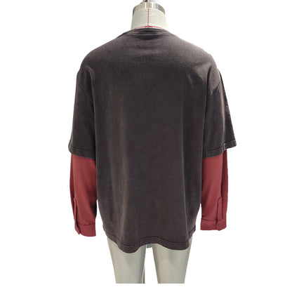 jingdi Men's Cotton Casual T-Shirt-1（500 pieces Starting lot）Fake Two Piece Long Sleeve T-Shirt color blocking lie fallow